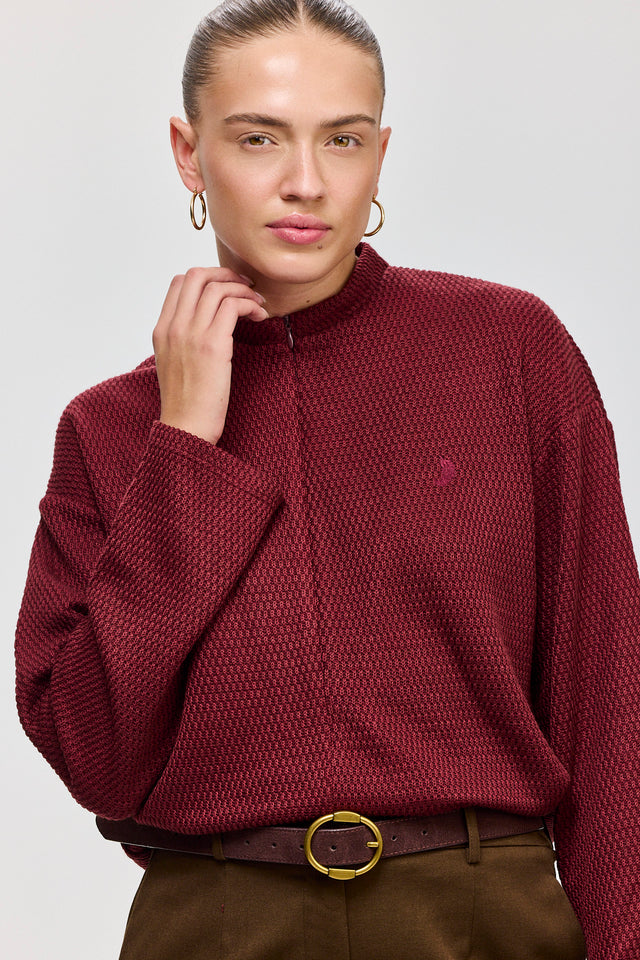 חולצת זיפר סריג ספייסי שרוולים ארוכים בורגנדי