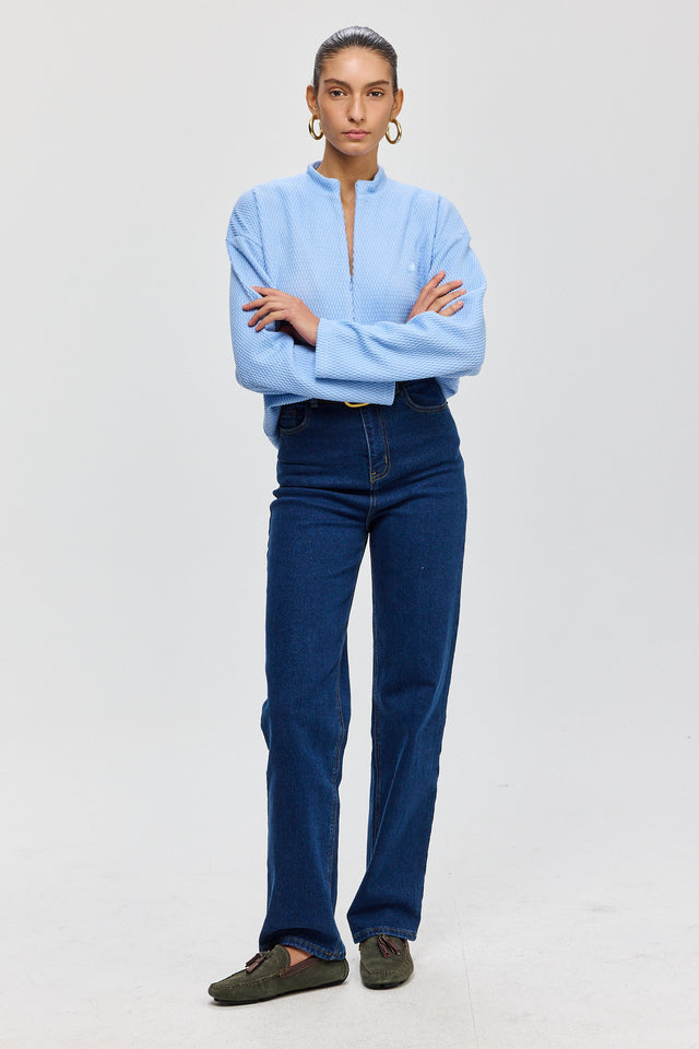 חולצת זיפר סריג ספייסי שרוולים ארוכים תכלת