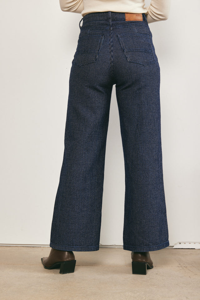 מכנסי ג'ינס מישל גזרת FLARE פסים כחול כהה
